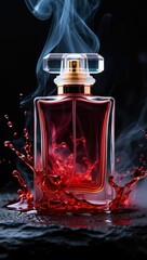 Poster -  A perfume bottle with red liquid pouring out of it, surrounded by smoke or steam.