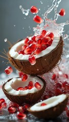 Poster -  Coconuts cracked open with pomegranate seeds inside them.