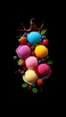 Aufkleber -  A vibrant assortment of colorful ice cream cones, each topped with a different fruit or candy, set against a dark background.