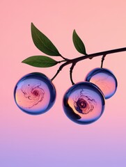 Aufkleber -  A branch with shiny blue berries against a gradient background of pink to gray.