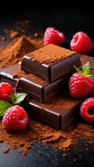 Poster - Chocolate Pieces with Raspberries and Cocoa Powder on Dark Surface