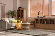 © Pixel-Shot - Interior of beautiful living room with sofa, coffee table, shelving units and houseplants