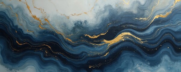 Aufkleber - Abstract fluid art illustration in blue, white, gold colors. Artistic background texture with waves, lines, marble effect, ideal for design project. Modern luxury style, art, decor for interior,