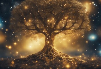 Wall Mural - cosmic tree concept dust fantasy star space nature mind golden fi sci state glowing life background 