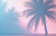 © Viktor - Pastel blue pink gradient background palm tree shadow. Minimalist abstract tropical design summer beach vacation. Wall decor, wallpaper, social media, web design, advertisement.