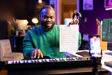 Poster - Musician songwriter presents notes on music sheet and demonstrating on piano, hosting online master class acoustics lessons. Composer teaching people to play electronic keyboard synthesizer.