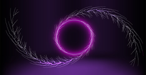 Poster - Electric energy forms swirling vortex with purple lightning in a dark environment.