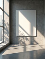 Aufkleber - Minimalist interior design with concrete wall, soft shadows, natural light, sunlight from large window. Blank canvas space for artwork product display. Modern architectural concept. Ideal for
