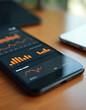 © Viktor - Smartphone screen displays live social media engagement metrics. Dashboard shows real-time data, website stats, user profile brand presence. Tech analytics, social response report, data insights.