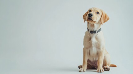 Aufkleber - Golden labrador puppy with friendly expression sitting on white background, showcasing bright eyes and a playful nature in a calm environment