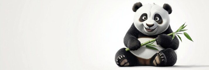 Poster - Giant panda sitting happily while enjoying bamboo in a clean and simple setting