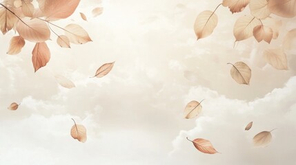 Aufkleber - Floating leaves and clouds create a harmonious blend in soft neutral colors evoking a sense of calm and natural rhythm in the atmosphere