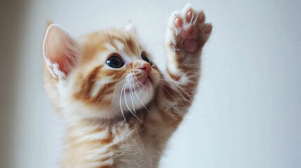 Poster - Fluffy kitten raising paw in playful pose against a white background creating an adorable and minimalistic setting