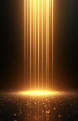 Poster - Abstract illustration with golden light beams from above. Black background with shining bright beams. Gold sparkle particles at the bottom. Festive mood for holiday, award show, luxury event.