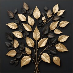Fototapete - Elegant Metallic Gold Leaves On Dark Backdrop, Decorative Design Creates A Sophisticated Interior Artwork. Intricate Black Stems Bring Harmony. Smooth Texture Adds Depth.