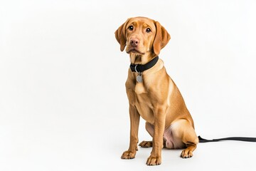Poster - Friendly golden labrador puppy sitting calmly on a white background with a collar and expressive eyes