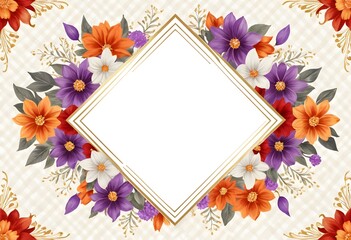 Poster - Floral Diamond Design. Golden Checkered Backdrop, A Beautiful Invitation. Colorful Flowers Surround The Diamond, Creating Space For Your Text. Artistic Design Perfect For Greetings.