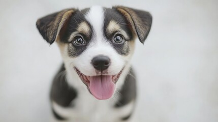 Poster - Happy corgi puppy looking up with tongue out in playful white studio setting