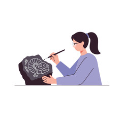 Poster - Artist carving intricate design on stone in flat vector art illustration