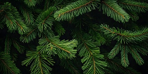 Poster - Evergreen Branches A Natural Green Backdrop, Vibrant Needles Displayed. Lush Foliage Overlapping Structure, Creates A Serene Ambiance. Nature's Beauty, The Dark Green Hues Displayed Perfectly.