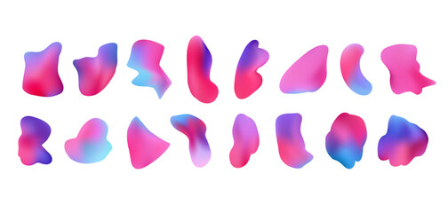 Wall Mural - Trendy set of fluid neon purple, blue and pink mesh gradient organic shapes. Abstract violet and magenta colour liquid digital watercolor stain for business design, banner, ui app