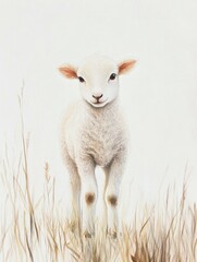 Aufkleber - Lamb standing in soft grass against a gentle white background during a serene moment in nature