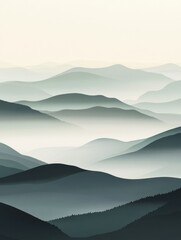 Fototapete - Layered hills in soft morning light with fog creating a serene atmosphere and depth in the landscape