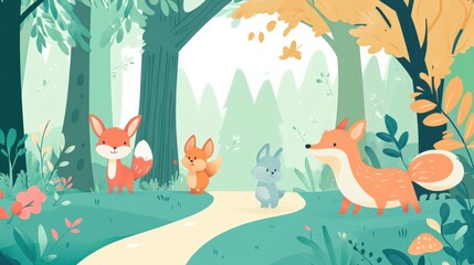 Poster - Soft animals wander together along a serene forest path surrounded by vibrant greenery