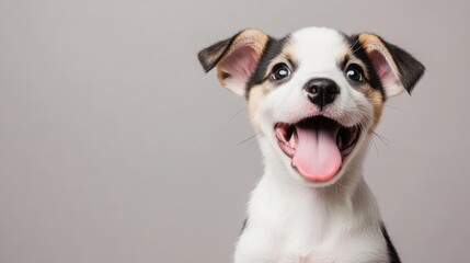 Poster - Happy corgi puppy with tongue out plays in a bright white studio setting full of energy and joy