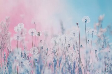 Poster - Floating dandelion seeds dance through a pastel meadow under soft daylight, creating a whimsical and tranquil atmosphere in nature