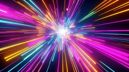Poster - Vibrant explosion of colorful light beams creates dynamic and energetic visual effect, with bright hues of pink, blue, and yellow evoking excitement and wonder.