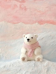 Aufkleber - Cute little polar bear wearing a scarf on a pastel ice field captures the essence of winter calm and innocence in a serene setting
