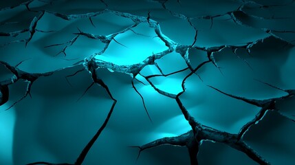 Poster - Abstract close-up view of cracked textured surface under soft teal light, showcasing intricate patterns and shadows that create a sense of depth and dimension