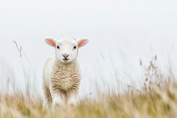Aufkleber - Lamb standing curiously in short grass patch with soft white background highlighting its fluffy coat and innocent expression