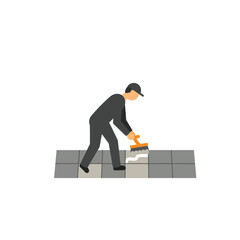 Poster - Worker laying tiles on a floor with trowel in flat vector art