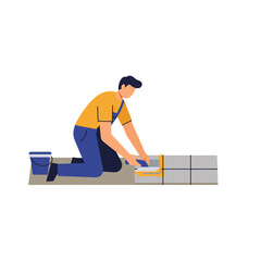 Poster - Worker applying adhesive to tiles in a flat minimal vector art illustration