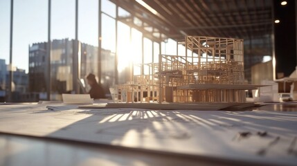 Poster - Architectural and structural plans laid out side by side on a large table, with detailed drawings of support beams and joints
