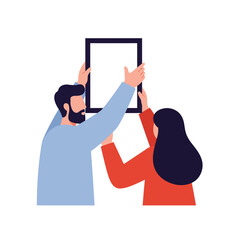 Poster - Two People Holding a Frame in a Minimalist Flat Design Vector Illustration
