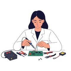 Poster - Technician assembling a circuit board with tools in minimal flat vector art