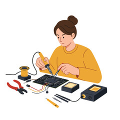 Poster - Woman soldering circuit board with tools in flat minimal vector art