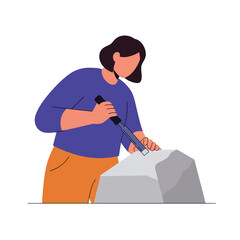 Poster - Artist chiseling stone in flat minimal vector art illustration