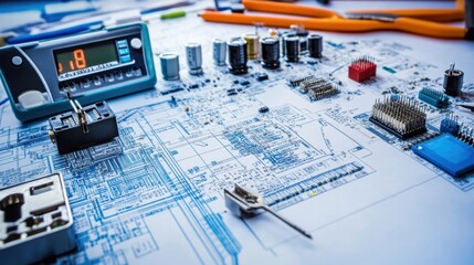 Poster - Electronic circuit board with components, multimeter, and soldering tools neatly arranged on an engineering workbench