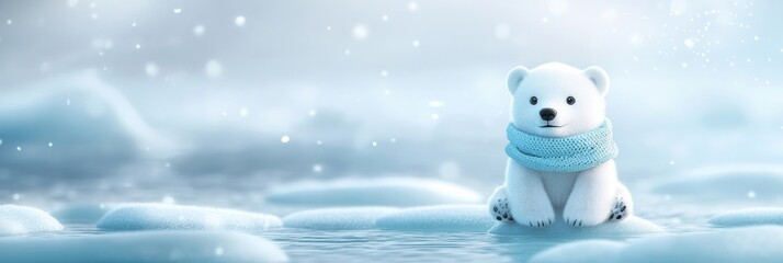 Aufkleber - Little polar bear wearing a scarf sitting peacefully on a pastel ice field in a serene winter atmosphere