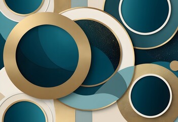 Poster - Abstract Golden Circles Art, Swirling Blue Teal Textures Design. Modern Elegant Background. Sophisticated Shapes Artwork, Flowing Depth.
