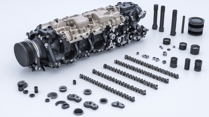 Poster - Engine timing chain kit laid out in sequence with timing diagram and technical specs sheet