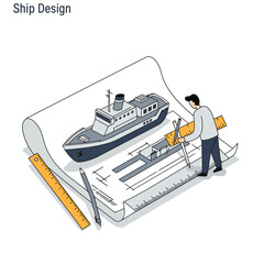Poster - Ship design process illustrated in minimal flat vector art style showcasing drafting and measurement techniques