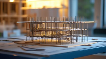 Poster - Large-scale structural model with detailed plans of reinforcement, supports, and load analysis for construction