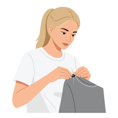 Poster - Woman sewing a button on a gray shirt in minimal vector art