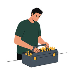 Poster - Person opening toolbox with tools in flat design vector art