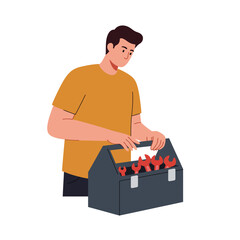 Poster - Person organizing tools in a toolbox with flat design vector art